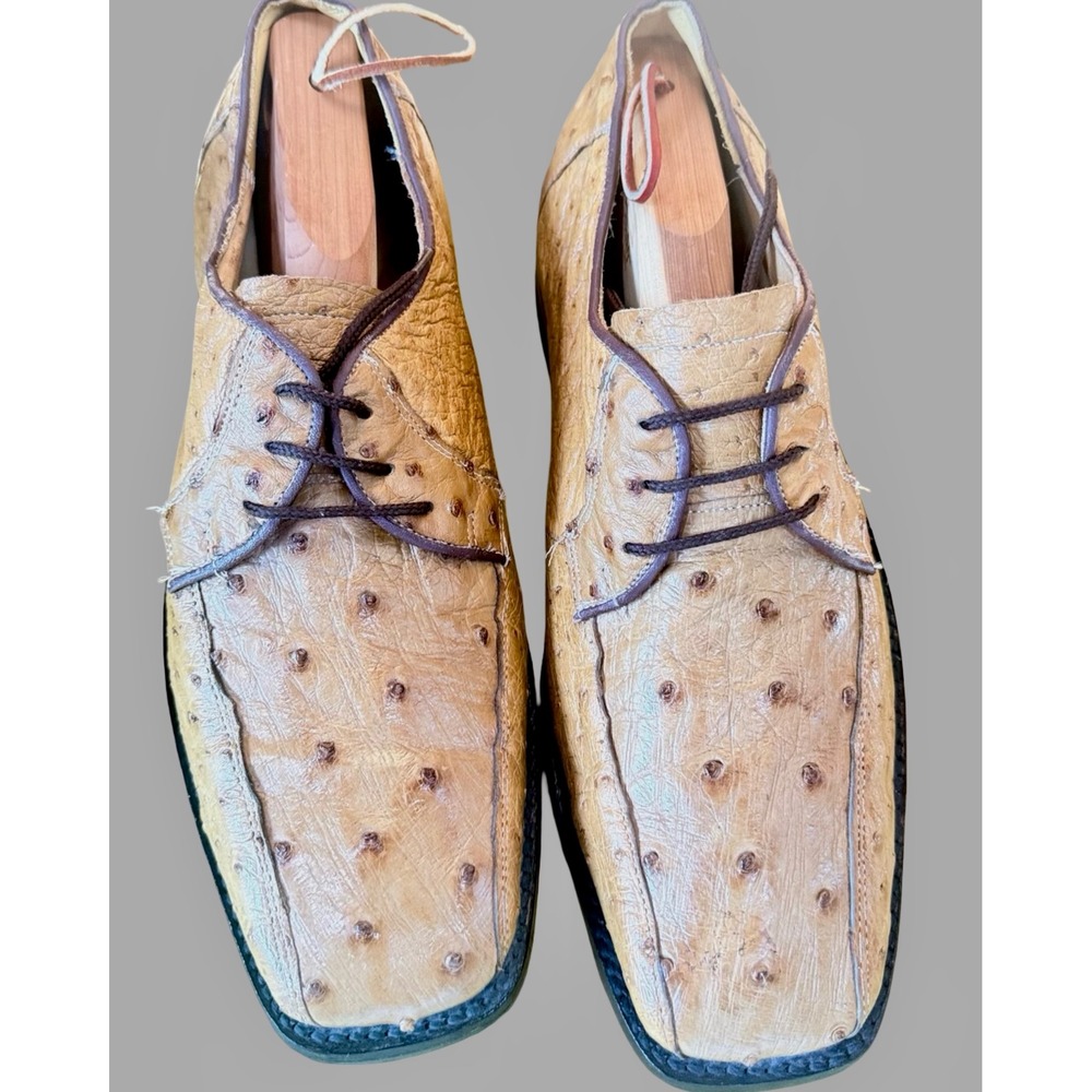 Men's Genuine Ostrich Leather Oxford Shoes Tan Square Toe 12" See Measurements